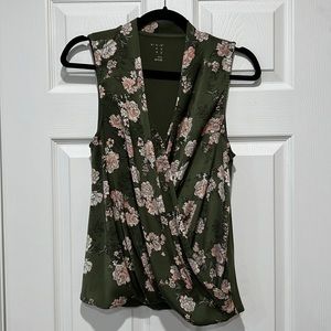 Green V Neck Blouse w/ Pink Flowers